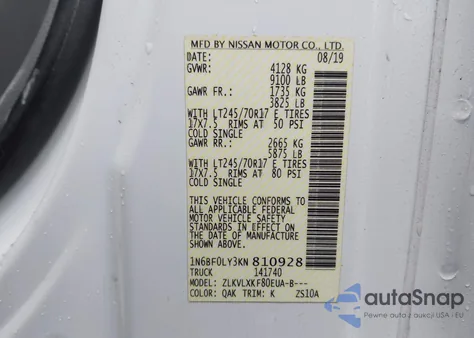 2019 Nissan Nv Cargo Nv2500 Hd Sv V6 from USA, damaged, VIN 1N6BF0LY3KN810928